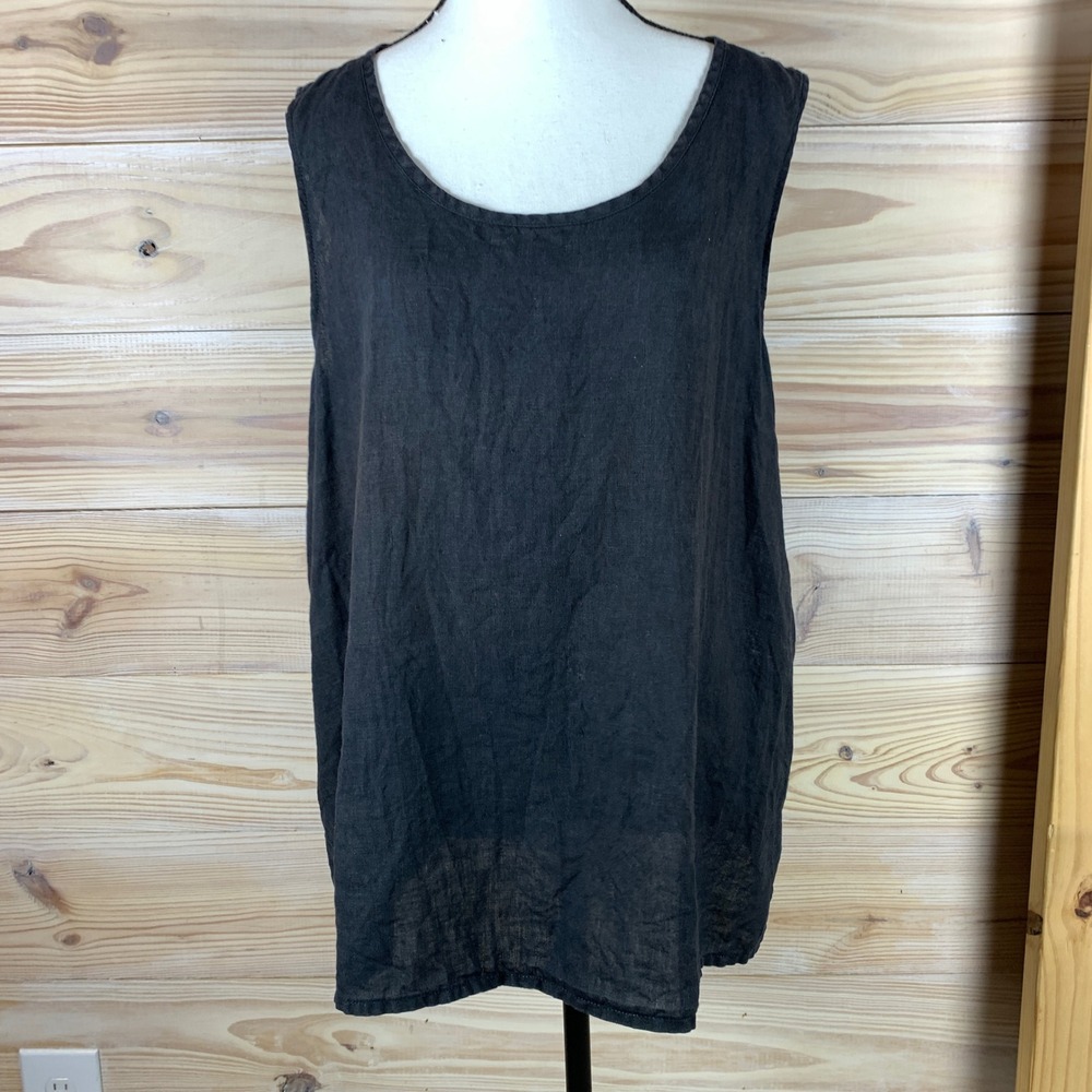 Flax Tank Top Women L Black Linen Scoop Neck Relaxed Sleeveless Shell Lagenlook